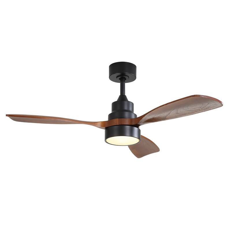 52"Solid Wood Ceiling Fan with Light Optional, 6-Speed Reversible DC Motor and Remote control,Smart Optional - 48"-Smart-With lights - Black with Brown solid wood Blades