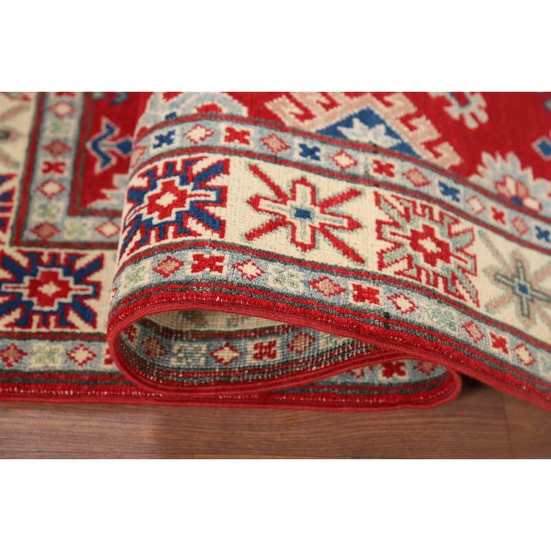 Geometric Red Kazak Accent Rug Handmade Wool Carpet - 3'4" x 5'3"