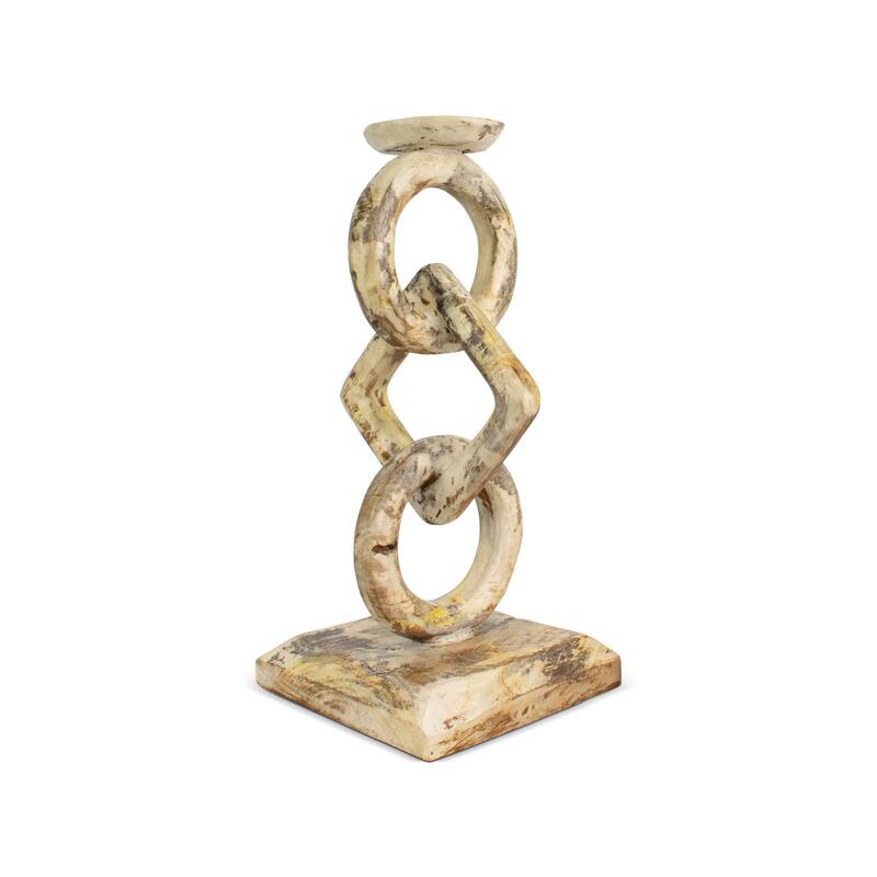 Wood Chain Link Candle Holder Hand Carved Rustic Whitewashed Candle Stand, Decorative Accent
