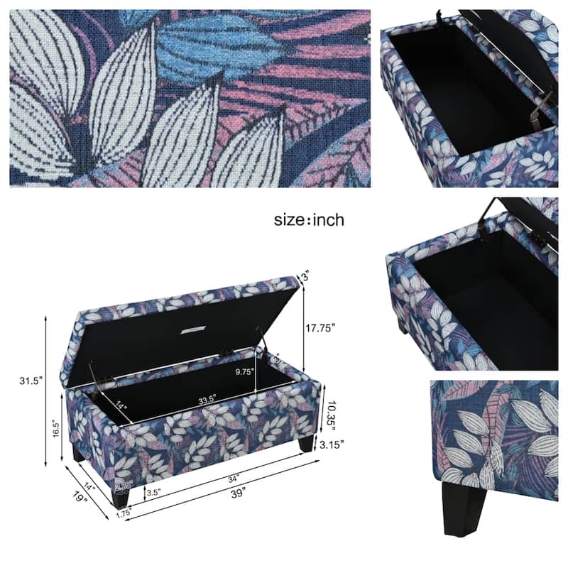 Storage Ottoman with Floral Patterned Fabric and Soft-Close Hinges, Multi-Functional Footrest & Seat