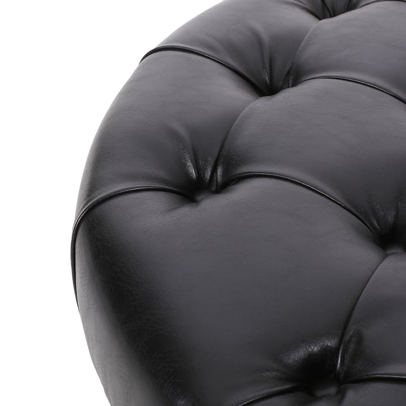 Rumbrook Faux Leather and Rubberwood Round Ottoman with Open Shelf by Christopher Knight Home