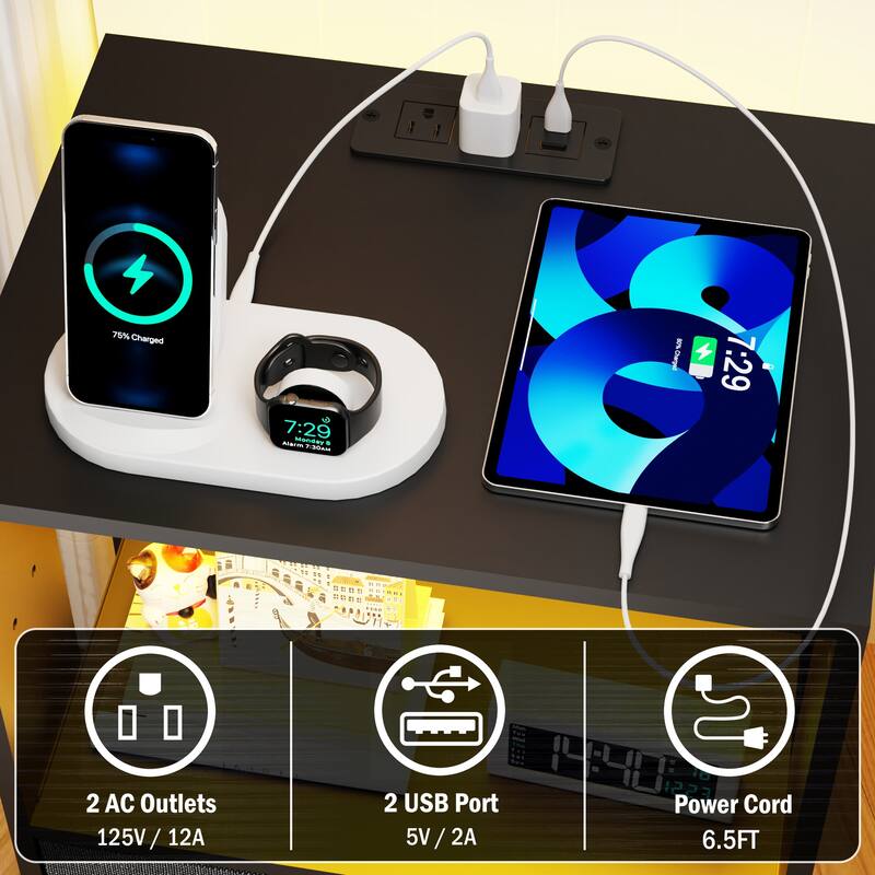 2 Pack Modern Nightstand with Charging Station, Bedside Tables with LED Light and Fabric Drawers