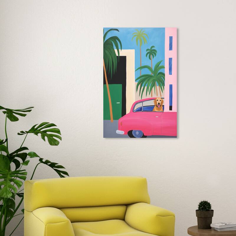 Wynwood Studio Canvas Animals Best Friend in the Car Pink and Nautical & Coastal Wall Art Canvas Print