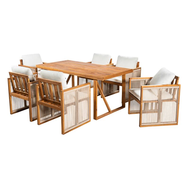 Christopher Knight Home - Modern Outdoor Acacia Wood Dining Set with Cushions and Handwoven Rope Chairs