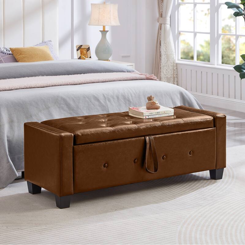 Tufted Faux Leather Storage Ottoman Bench for Bedroom, Living Room & Hallway, 48" Multifunctional Upholstered End of Bed Bench
