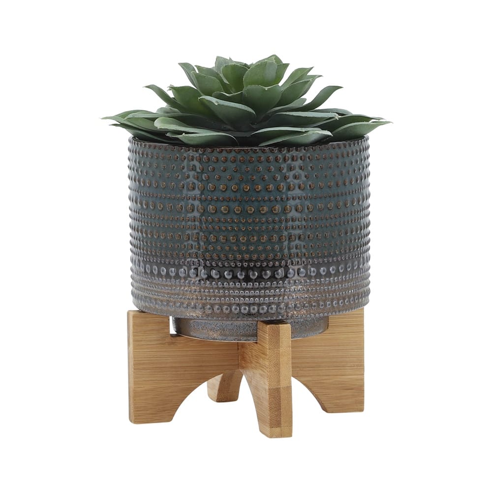 Sagebrook Home Ceramic Planter with Natural Wood Stand