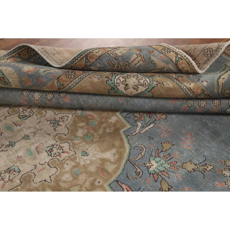 Blue Tabriz Persian Vintage Area Rug Hand-Knotted Wool Carpet - 9'6" x 12'8"