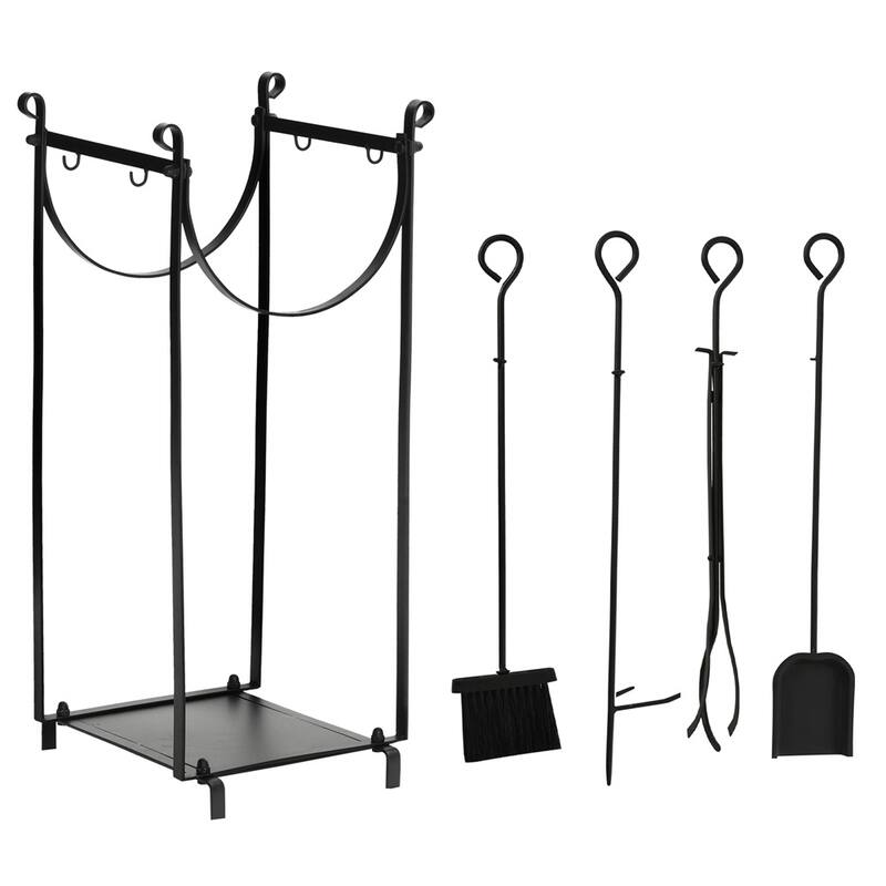 Black Steel Firewood Rack with Tools and Tall Multi-Tier Storage - 14.5" L x 13.75" W x 30.25" H - Black