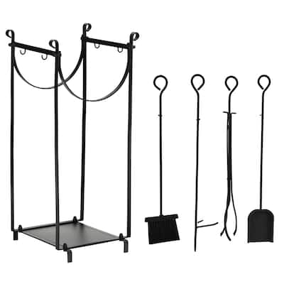 Black Steel Firewood Rack with Tools and Tall Multi-Tier Storage - 14.5" L x 13.75" W x 30.25" H