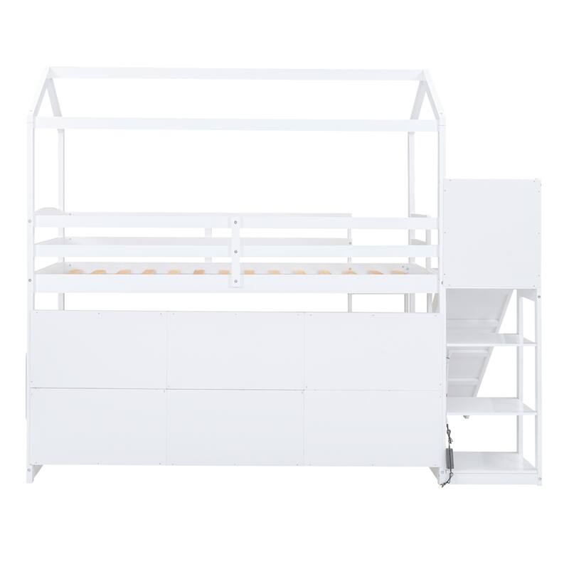 Twin Size Wood Loft Bed with Slide and Storage Shelves
