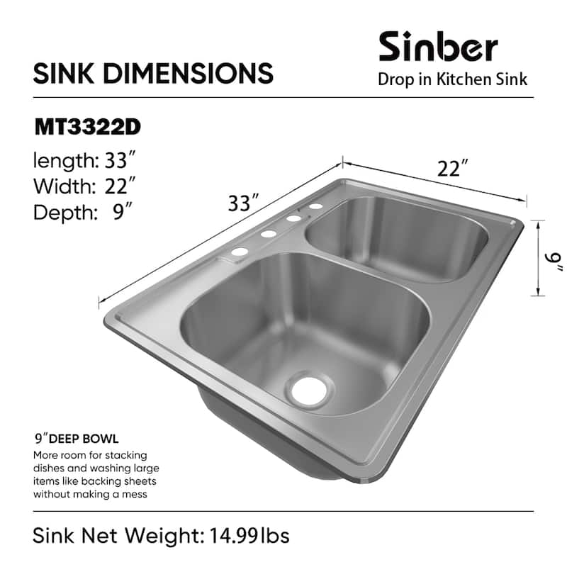 Sinber Drop in Double Bowl 304 Stainless Steel Kitchen Sink - 33 x 22 x 9(Sink Only) - Black