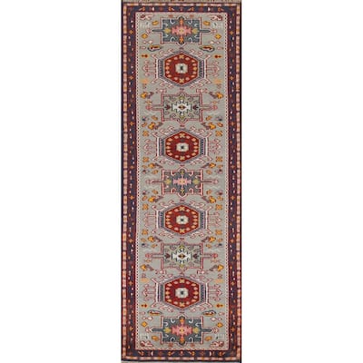 Geometric Green Kazak Indian Runner Rug Hand-knotted Wool Carpet - 2'6"x 9'11"