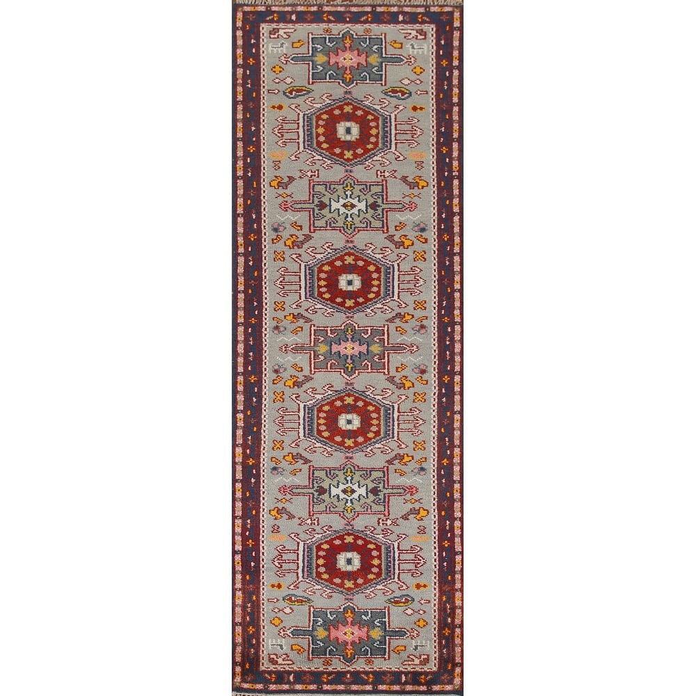 Geometric Green Kazak Indian Runner Rug Hand-knotted Wool Carpet - 2'6"x 9'11"