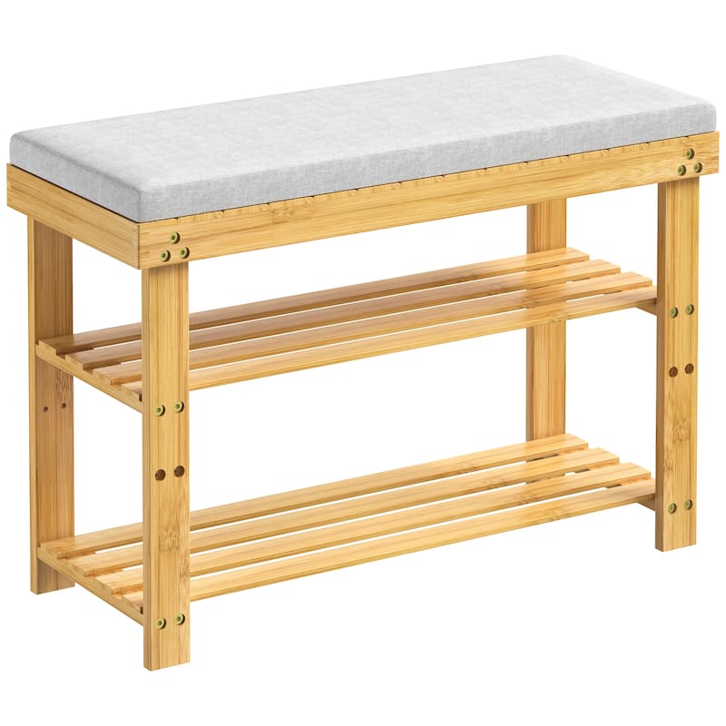 Bamboo Shoe Bench,3-Tier Shoe Rack,Entryway Bench with Cushion and Adjustable Shelves,Shoe Rack for Entryway,Living Room