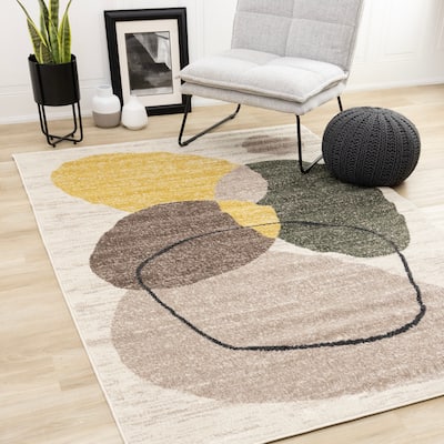 Yellow Green Grey Abstract Circles Area Rug