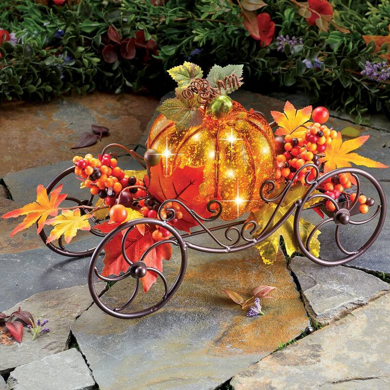 Solar Pumpkin Lighted Coach Wagon Fall Decor - NO SIZE - Brown - NO SIZE