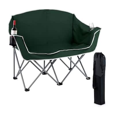Green Oxford Cloth Metal Folding Camping Loveseat with Cup Holders