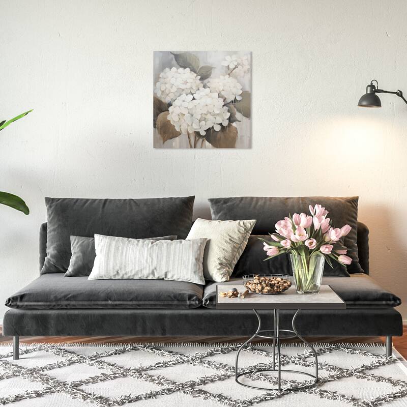 Wynwood Studio Canvas Floral and Botanical Hydrangeas in the rain White and Light Gray French Country Wall Art Canvas Print - 20 x 20