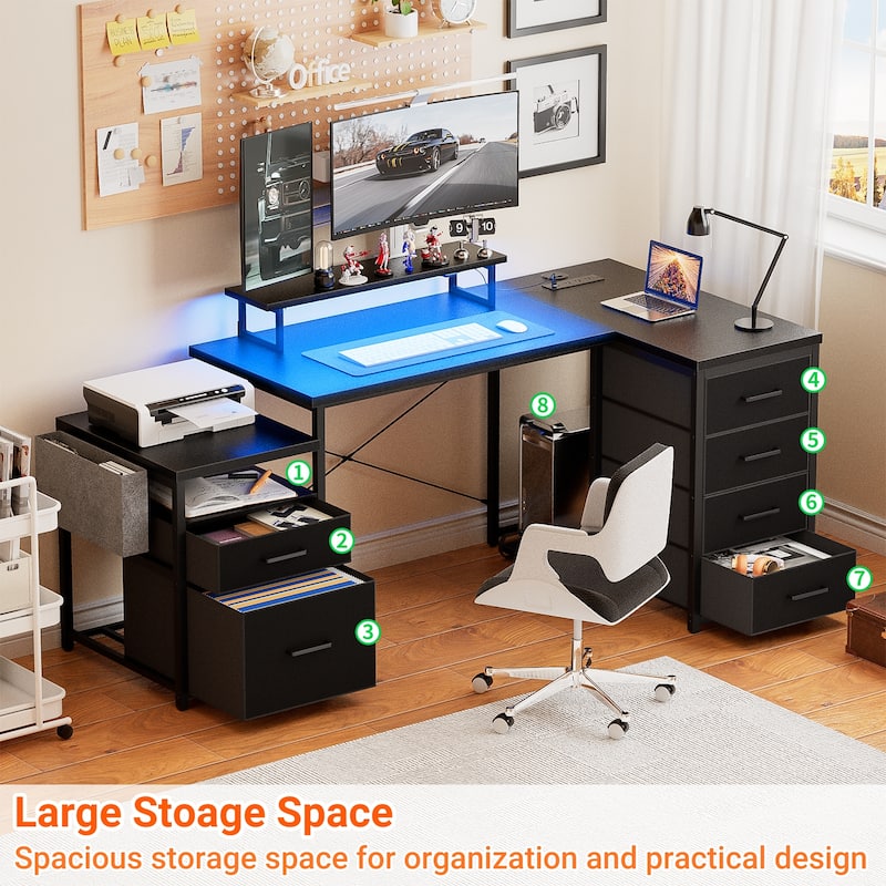 Modern Farmhouse 71'' L Shaped Desk with File Drawers, Reversible Computer Desk with Power Outlets and Smart LED Lights