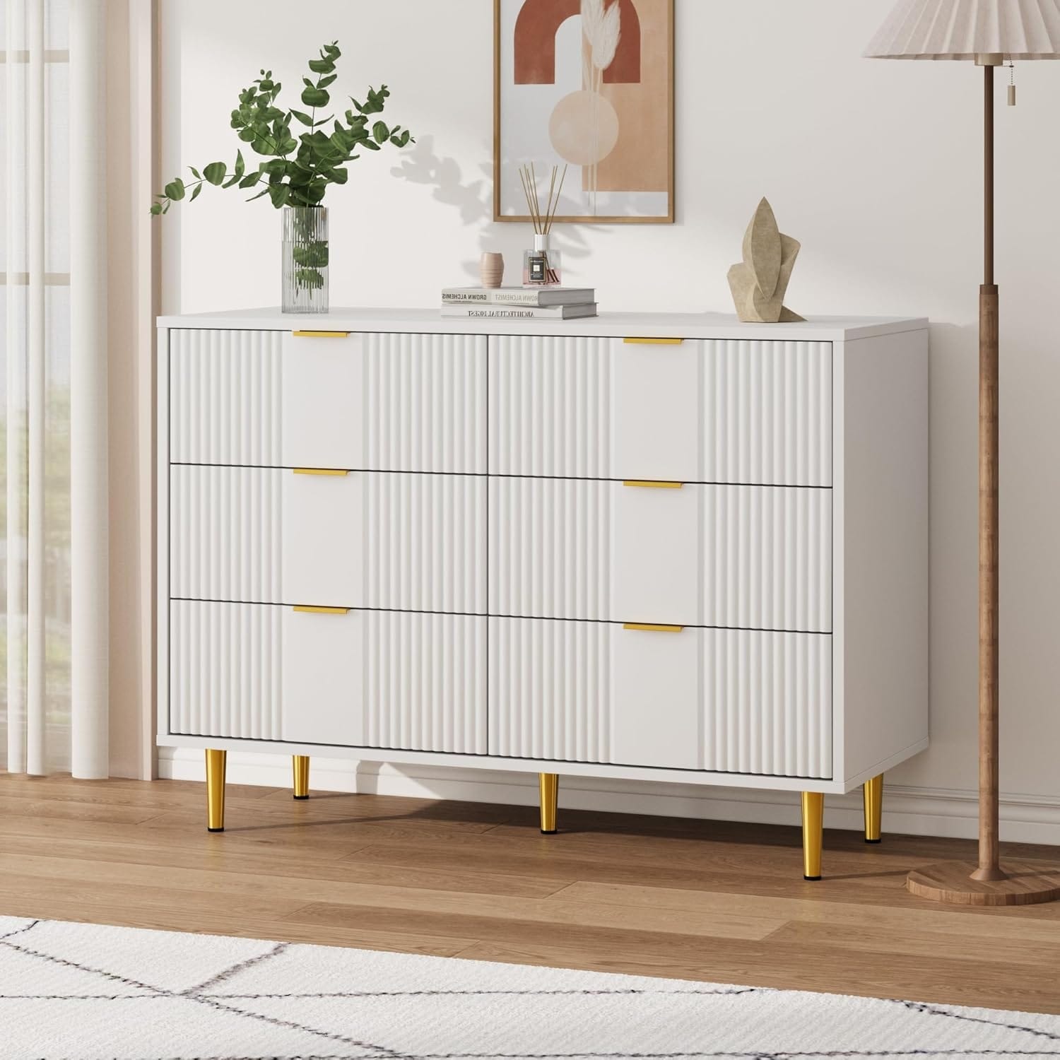 Fluted Dresser for Bedroom, Modern Chest of Drawers with Metal Handle, Wooden Closet Clothes Storage Organizer