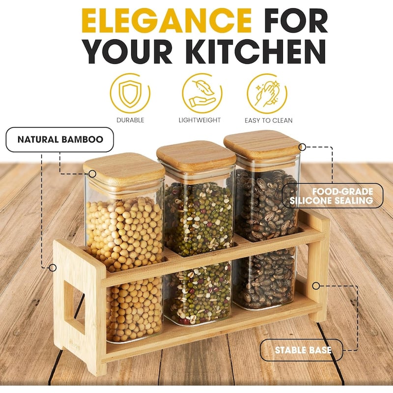 Berkware Glass Mini Storage Jars with Bamboo Lids and Display Stand - 14.3 oz