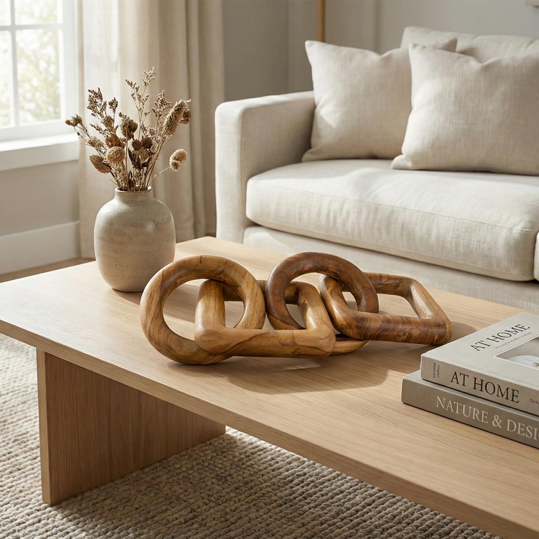 Wood Chain Link Sculpture - Hand Carved 2 Round 1 Square Link Decor, Rustic Modern Accent