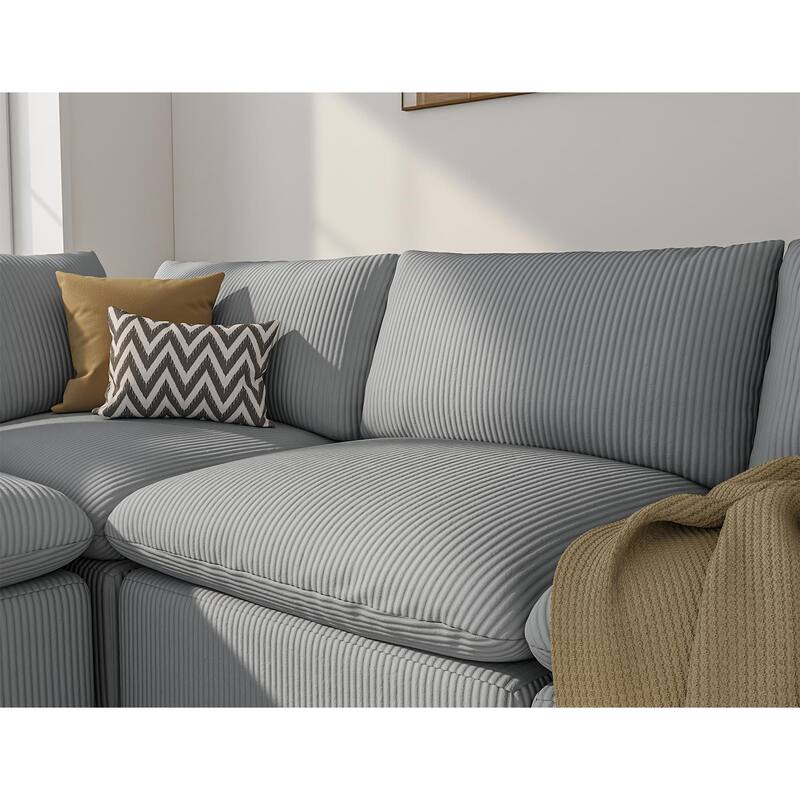 L Shape Modular Sectional Sofa, Oversized Corduroy Upholstered 4 Seater Sofa, Full Compression Deep Seat Sofa with 2 Pillows