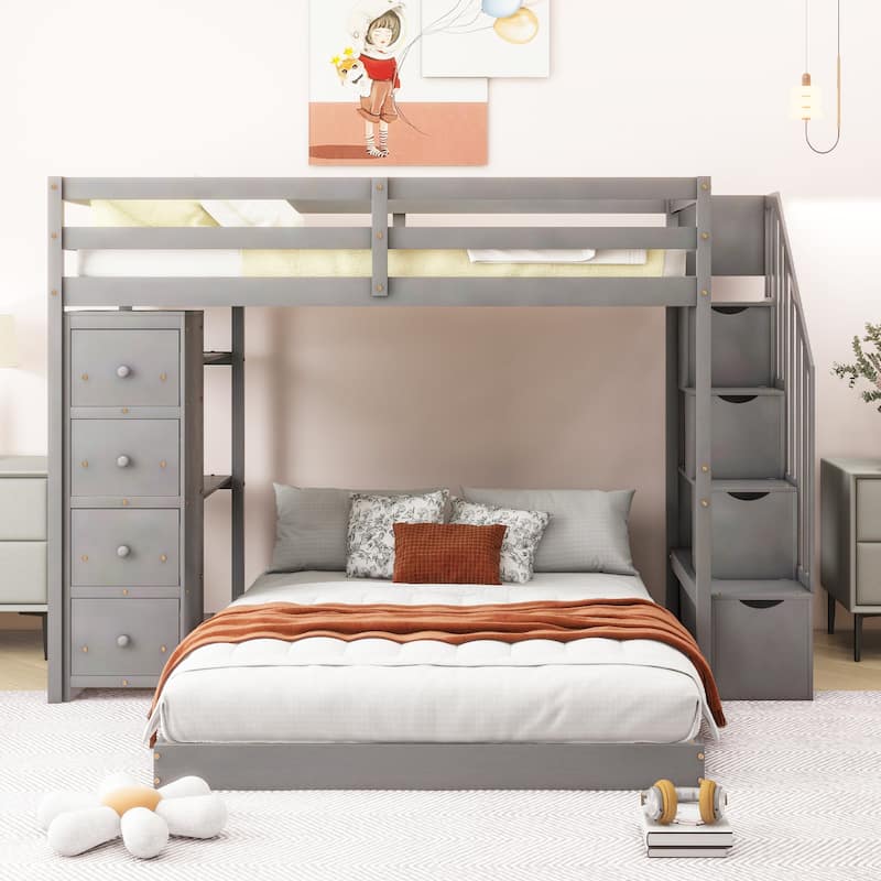 Twin Over Full Bunk Bed Frame with Built-In Shelves, Storage Stairs, Bottom Floor Bed with Pull-out Drawers, Wooden Loft Bed
