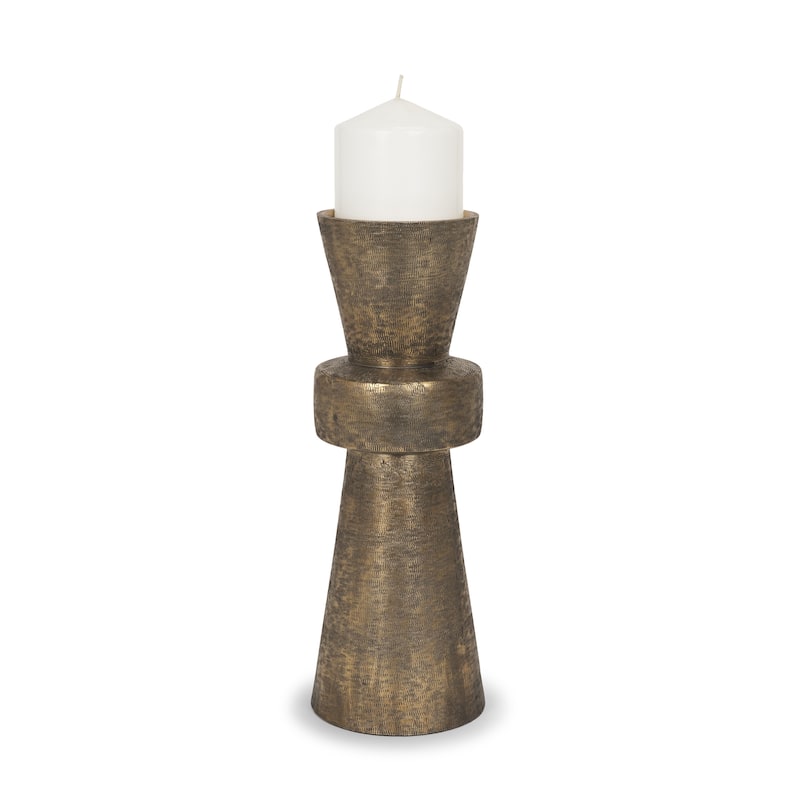 Odilia Large Textured Antiqued Gold Metal Geometric Pillar Candle Holder - 4.3L x 4.3W x 12.0H