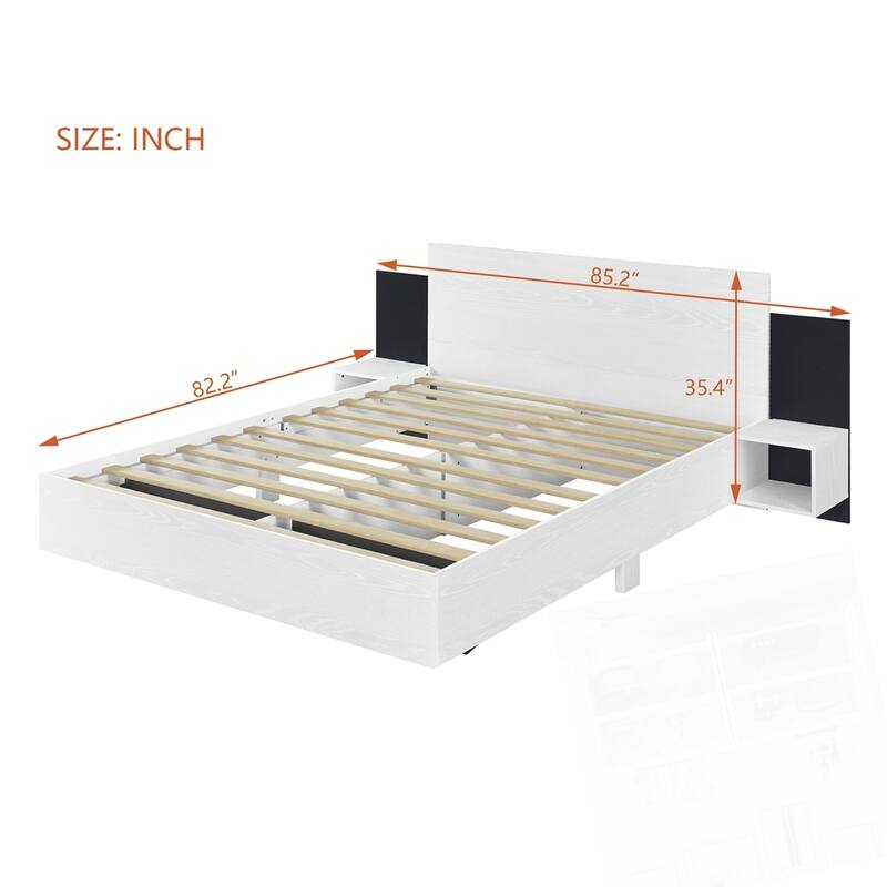 Wooden Floating Platform Bed, with LED Lights and Bedside Nightstand