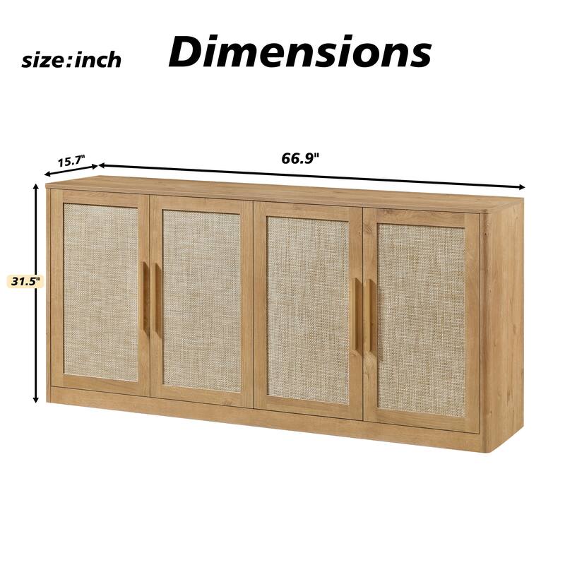 67"Rattan 4-Door Buffet Cabinet, Large Credenza Sideboard Buffet for Living Room, Hallway and Kitchen, 67"W x 15.75"D x 31.5"H