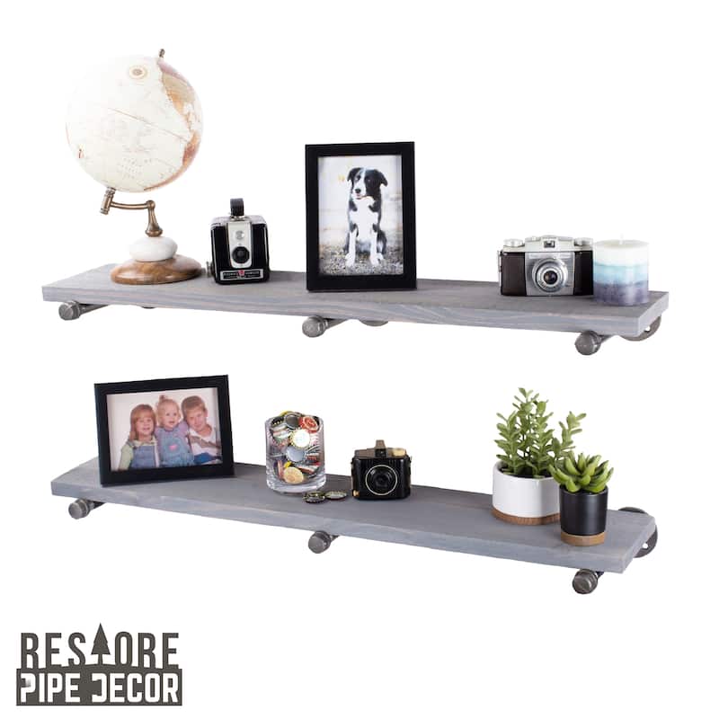 Restore Wood 36 in. Wall Shelf Straight Steel Pipe Brackets, Set of 2 - Riverstone Grey