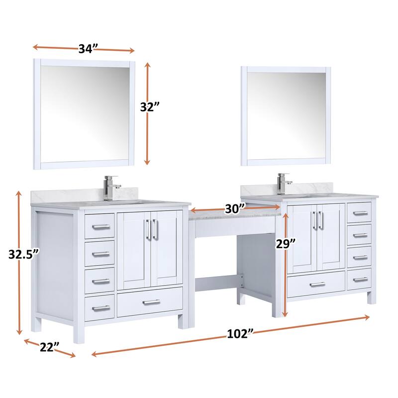 Coraline 102 in W x 22 in D Double Bath Vanity, Carrara Marble Top, and 34 in Mirrors