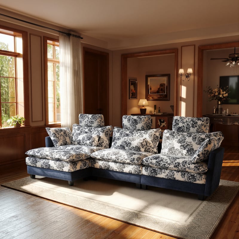 Blue Chenille Sectional Sofa with Floral Fabric, 4-Seater L-Shaped Couch with Adjustable Headrests, Pillows, and Chaise Lounge