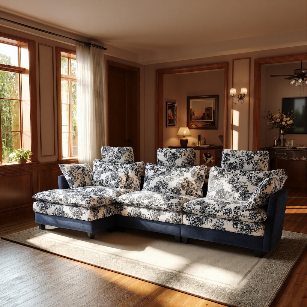 Blue Chenille Sectional Sofa with Floral Fabric, 4-Seater L-Shaped Couch with Adjustable Headrests, Pillows, and Chaise Lounge