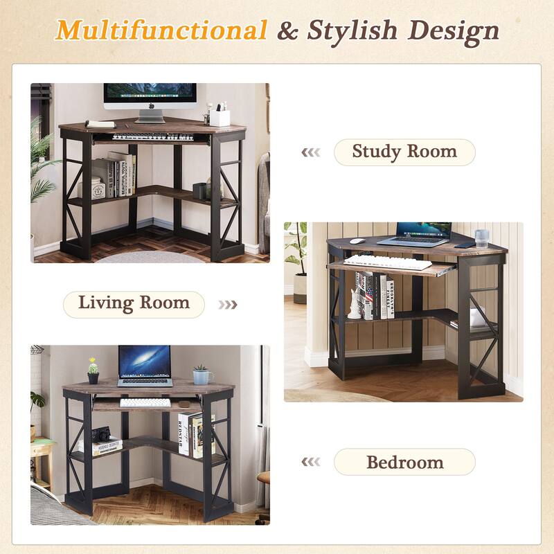 VECELO Triangular Corner Desk with Keyboard Tray Space Saving Metal Computer Desk for Home Office Study Bedroom