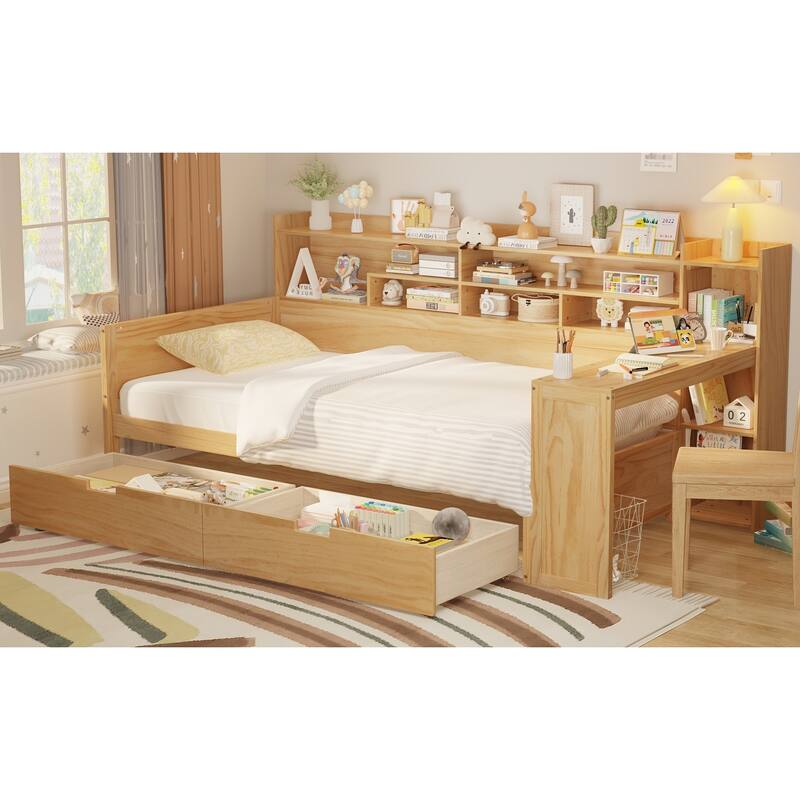 Twin Wooden Daybed with Storage Shelves, Multi-functional Bed with Two Storage Drawers and Study Desk