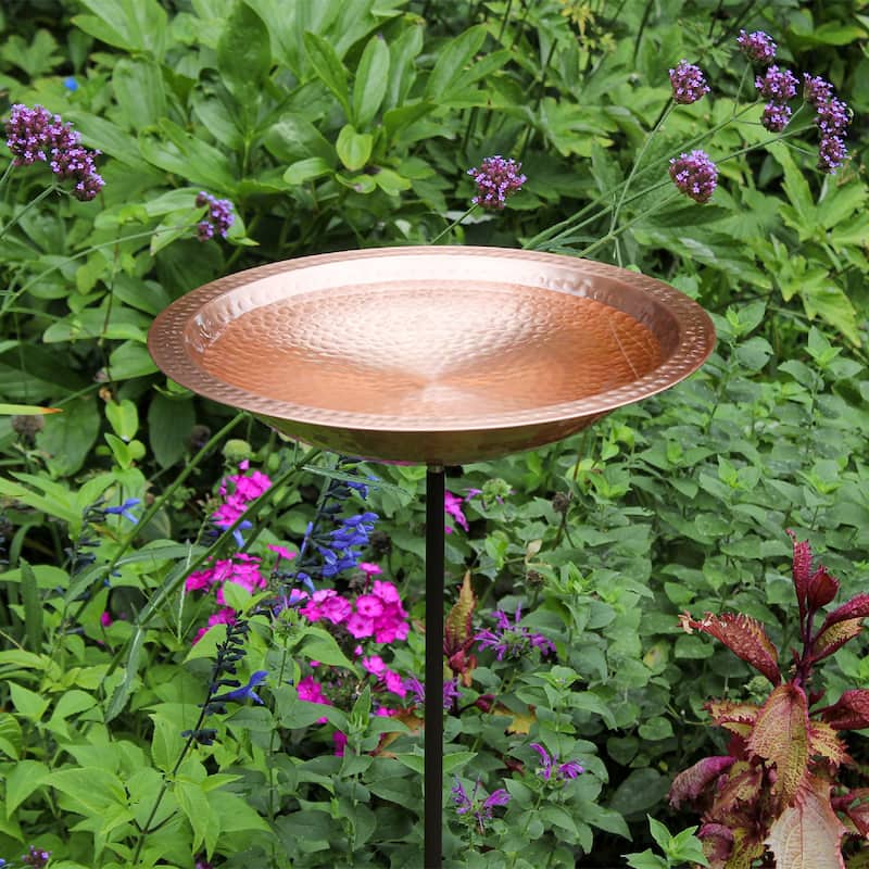 Achla Designs 39" H Round Satin Hammered Solid Copper Birdbath Bowl w/Roman Bronze Wrought Iron Rail Stake