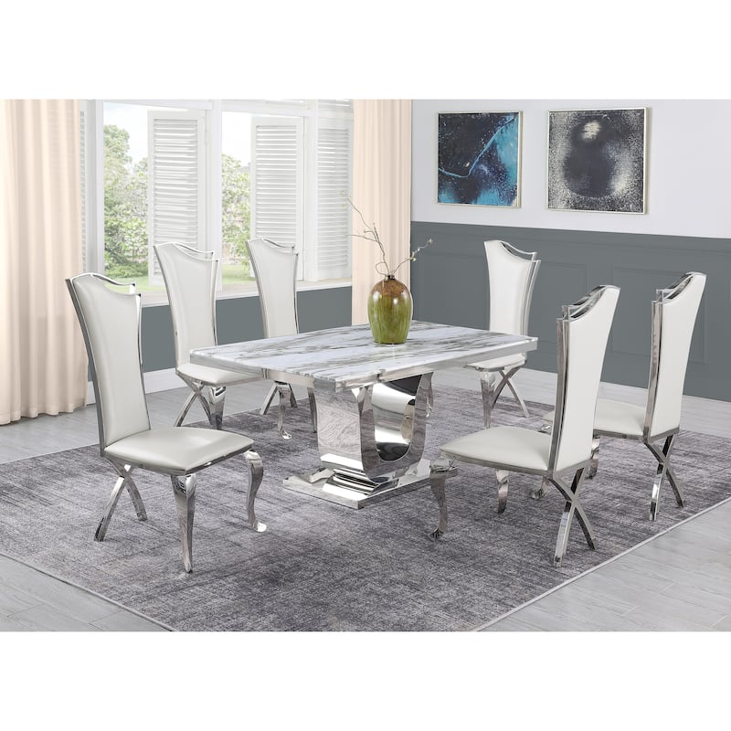 Best Quality Furniture Genuine Marble 7pc set in Stainless Steel - 1 Table + 6 Chairs - White
