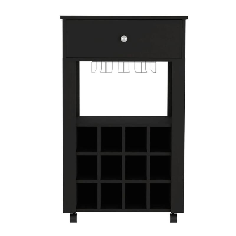12-Bottle Wine Rack Bar Cart with Stemware Rack, Drawer, and Caster Wheels, Black Finish
