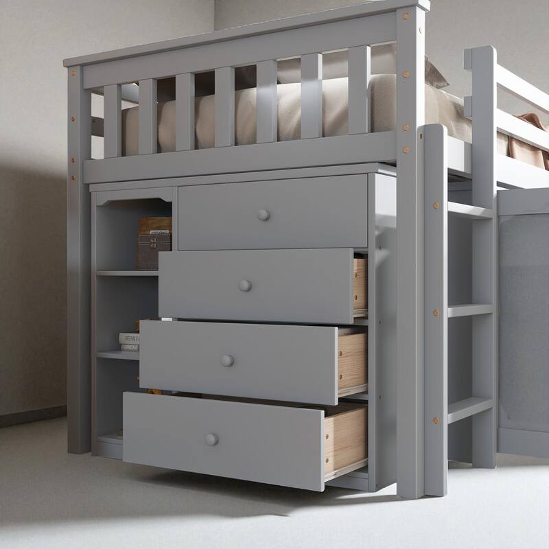 Twin Loft Bed with Pull-Out Desk, Storage Cabinets & Drawers, Rubber Wood, Guardrail & Ladder, Gray