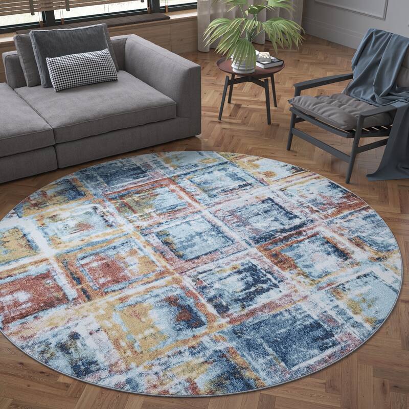 Rayna Bohemian & Eclectic Geometric Indoor Area Rug - 5'3'' Round - Navy