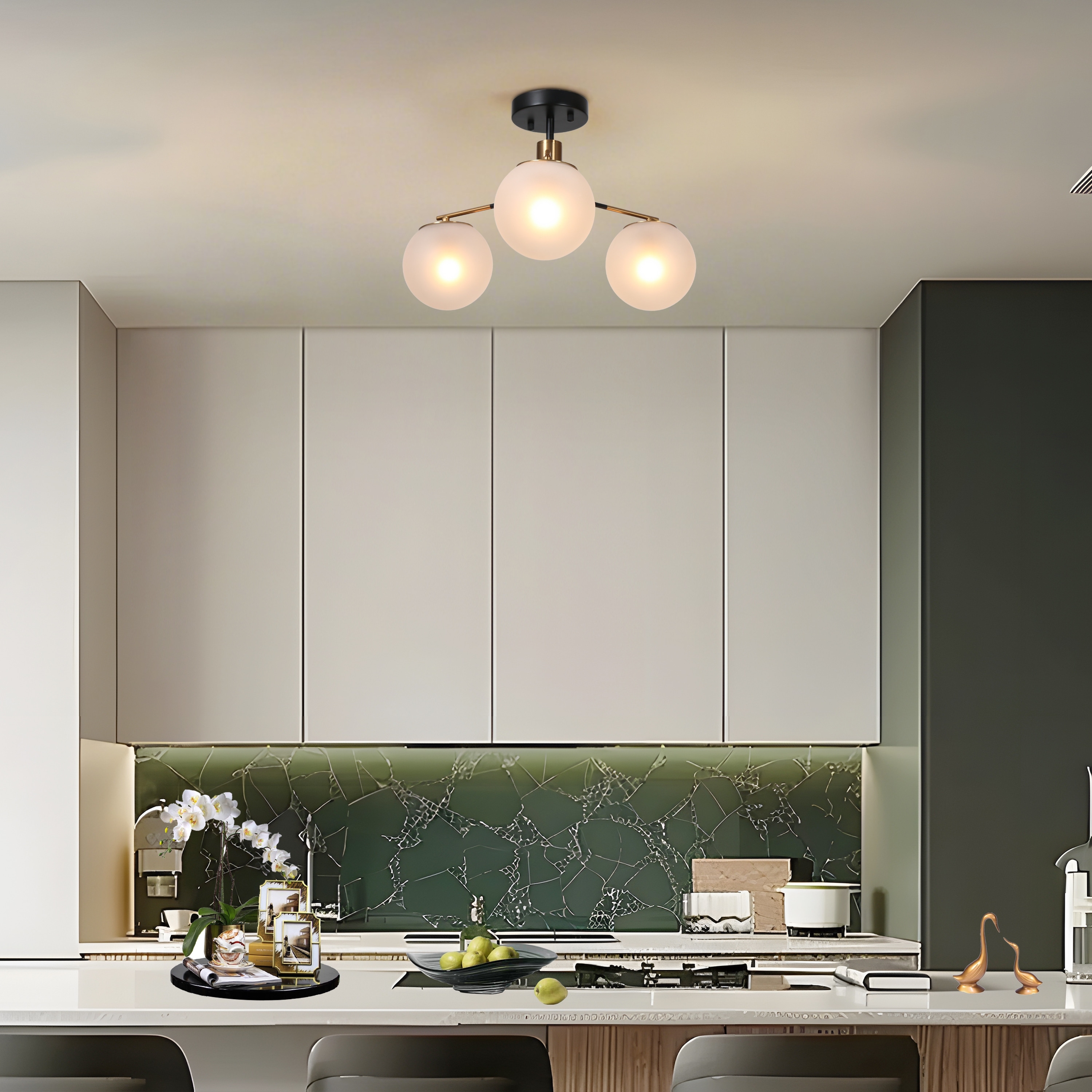 Modern 3-Light Frosted Glass Semi-flush Mount Chandelier Ceiling