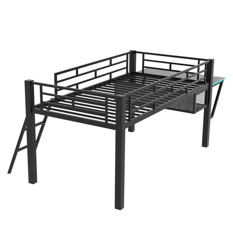 Mid Loft Gaming Bed with Desk, LED Lights, Twin Size, Black