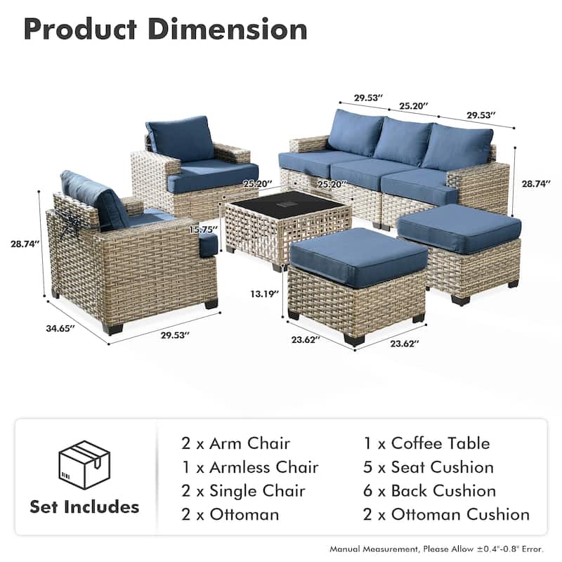 XIZZI 8-piece Outdoor Patio Wicker Furniture Set with LED Solar Coffee Table
