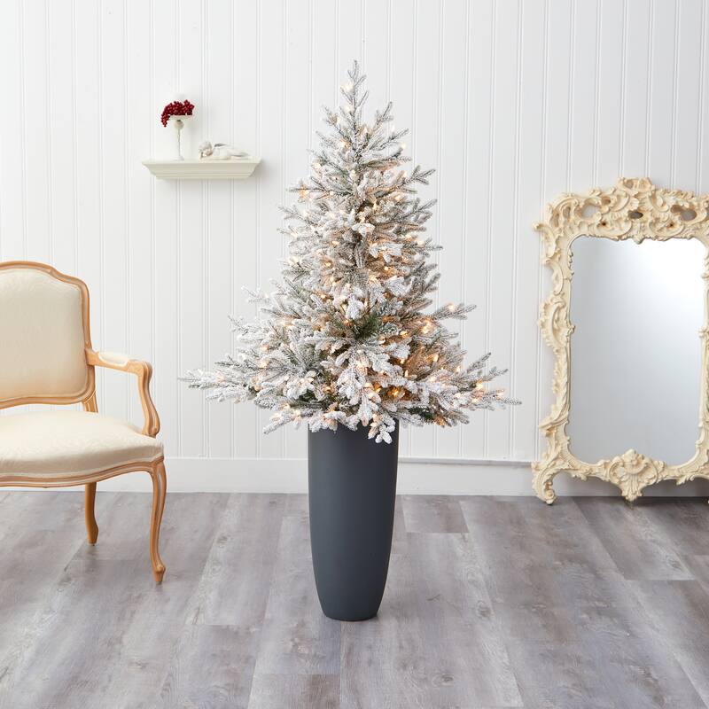 5' Flocked Artificial Christmas Tree with 300 Lights in Gray Planter