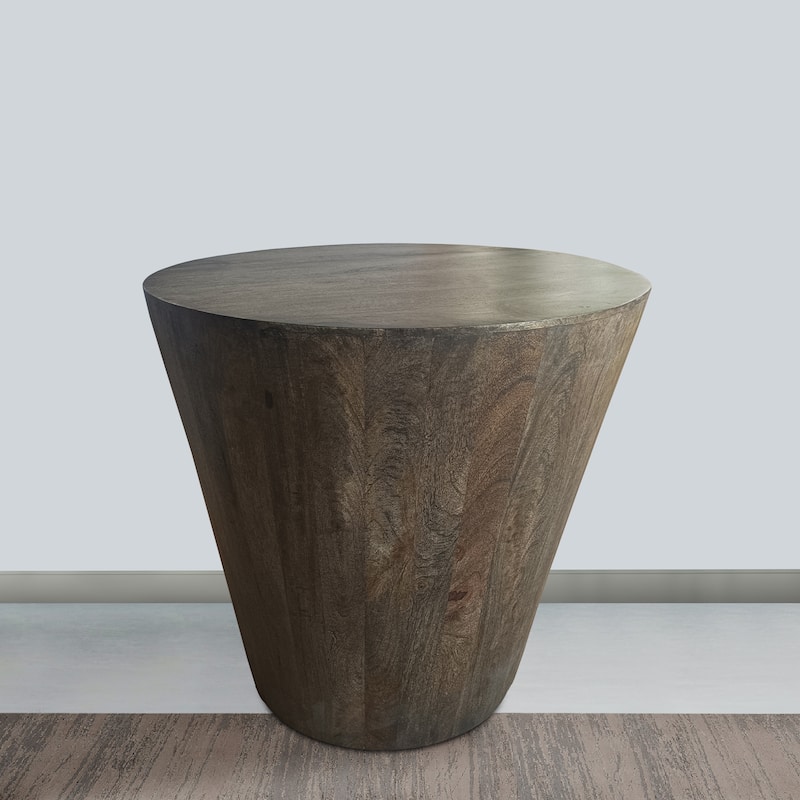 24 Inch Side End Table Round Drum Shape Handcrafted, Distressed Gray, Mango Wood