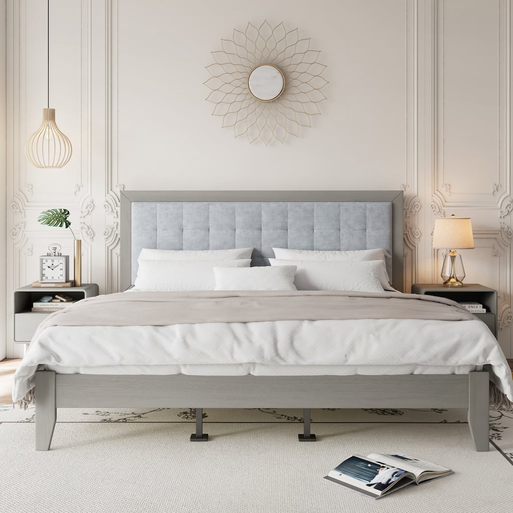 Solid Wood Platform Upholstered Headboard Bed