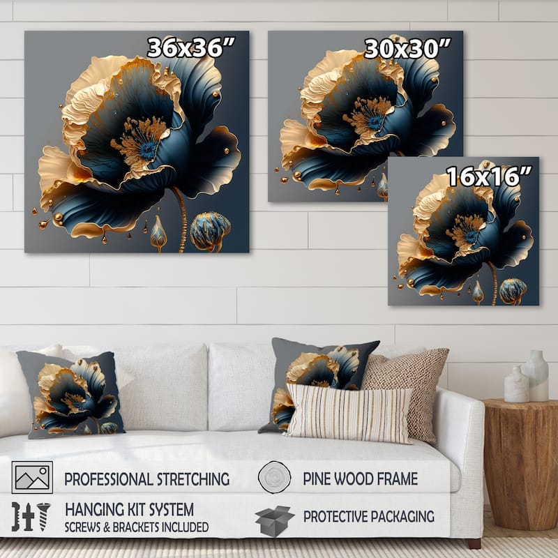 Designart 'Deep Blue And Gold Single Flower IV' Floral & Botanical Canvas Wall Art