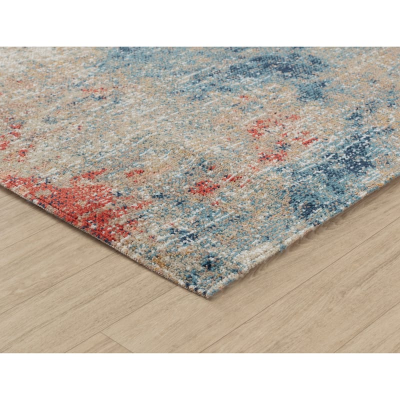 Trellis Beige, Rose, Blue and Red Abstract Indoor/Outdoor Rug